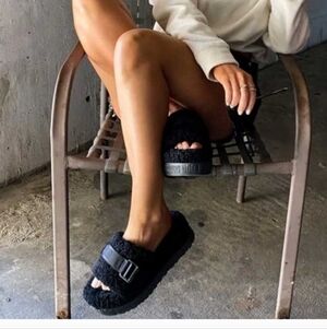UGG Black Fuzzy Slide Sandals Size 8